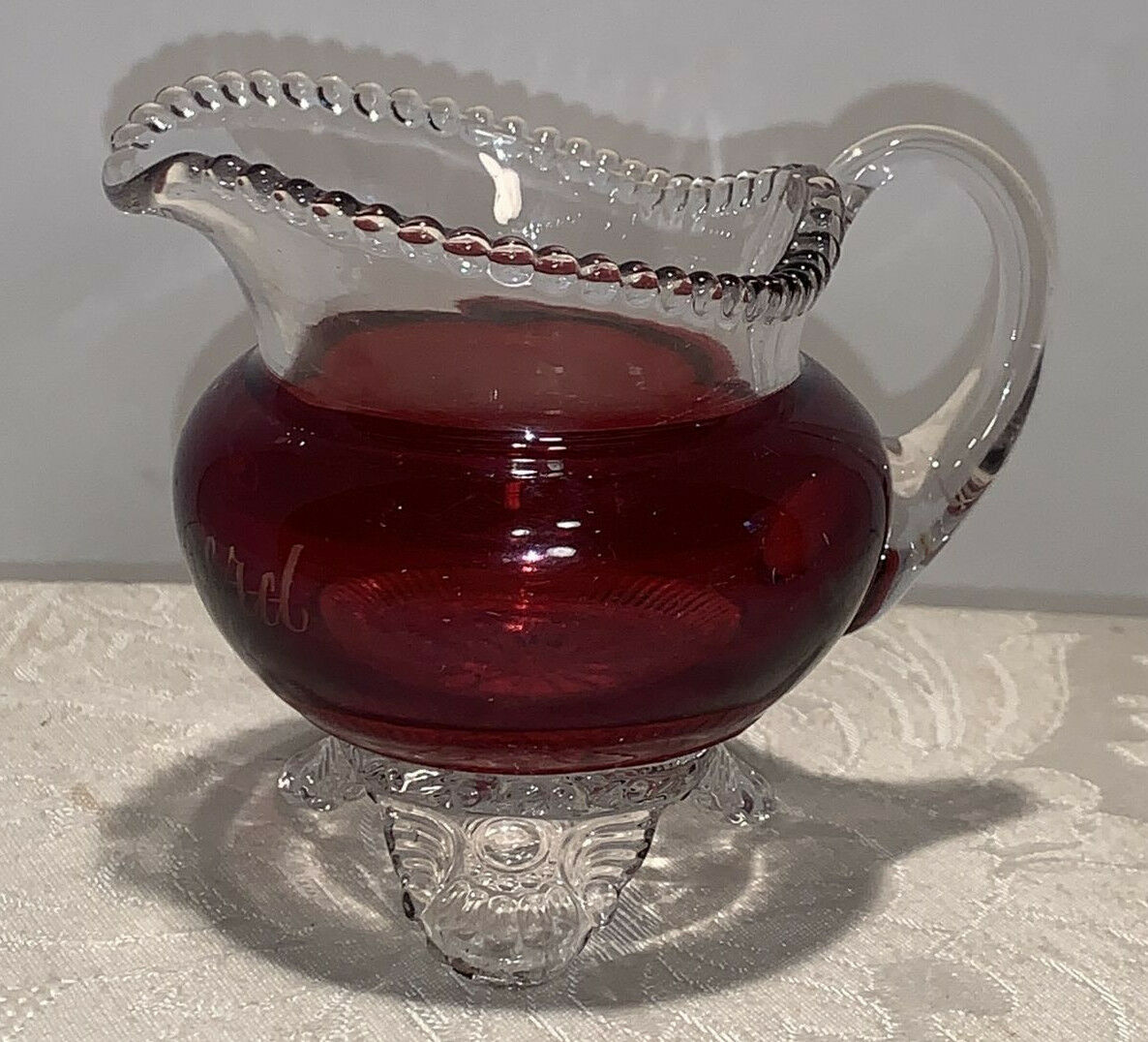 Antique / Vintage Cranberry And Clear Glass Footed Creamer Brainerd