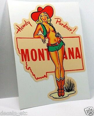 Montana Cowgirl Pinup Vintage Style Travel Decal, Vinyl Sticker, Luggage Label