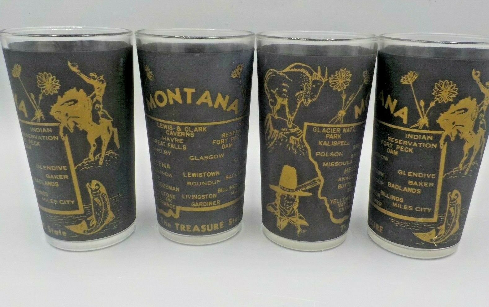 4 Vtg 50's Montana State Souvenir Retro Map Drink Glass Glasses Black & Gold