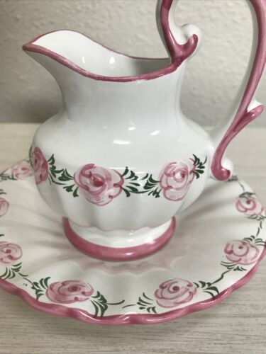 Vestal Small Pitcher And Saucer Plate Pink Roses 5 1/2 Tall