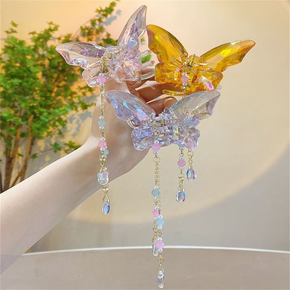 Crystal Butterfly Barrettes Clear Tassel Claw Hairclips Women Hair Accessories 1