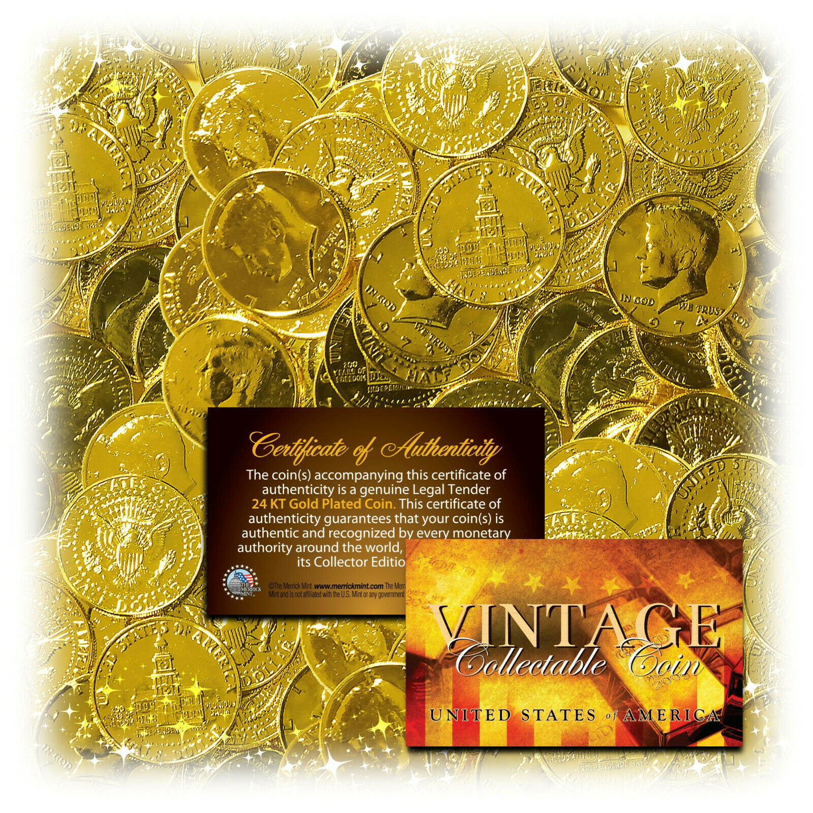 Vintage 24K GOLD Plated JFK Kennedy Half Dollars Random from 1970-1990 Lot of 50