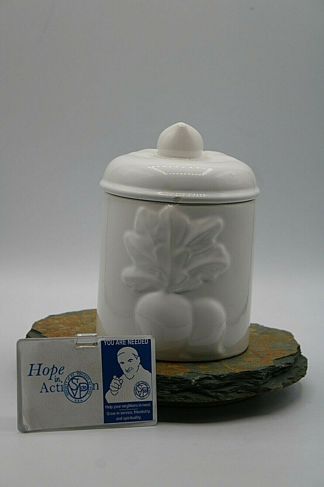 Over And Back Inc Ceramic White Embossed Lidded Canister 6" High