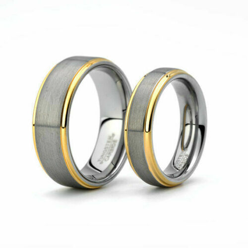 Free Engraving - 8MM/6MM Tungsten Carbide Gold Step Edge Brush Wedding Band Ring