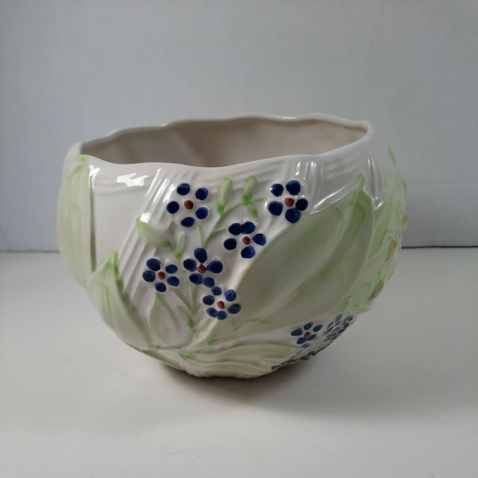 Planter Beige With Embossed  Blue And Yellow Flower Made In Portugal
