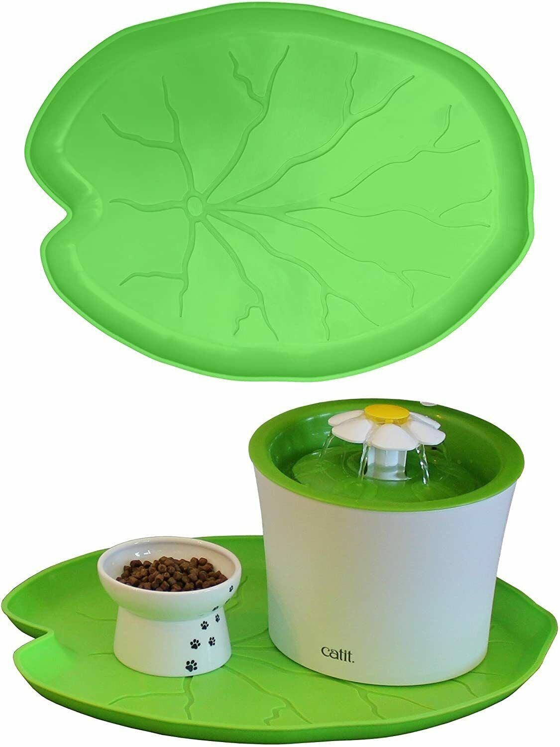 Premium Pet Food Tray - Dog and Cat Food Mat with Green Leaf Design