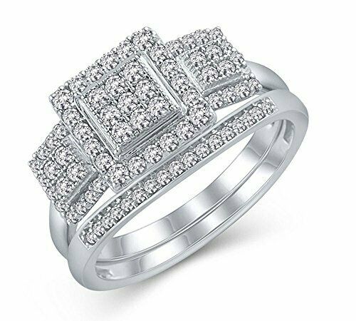 1/2ct Diamond 3 Stone Halo Engagement Bridal Set In 925 Sterling Silver (ij/i3)