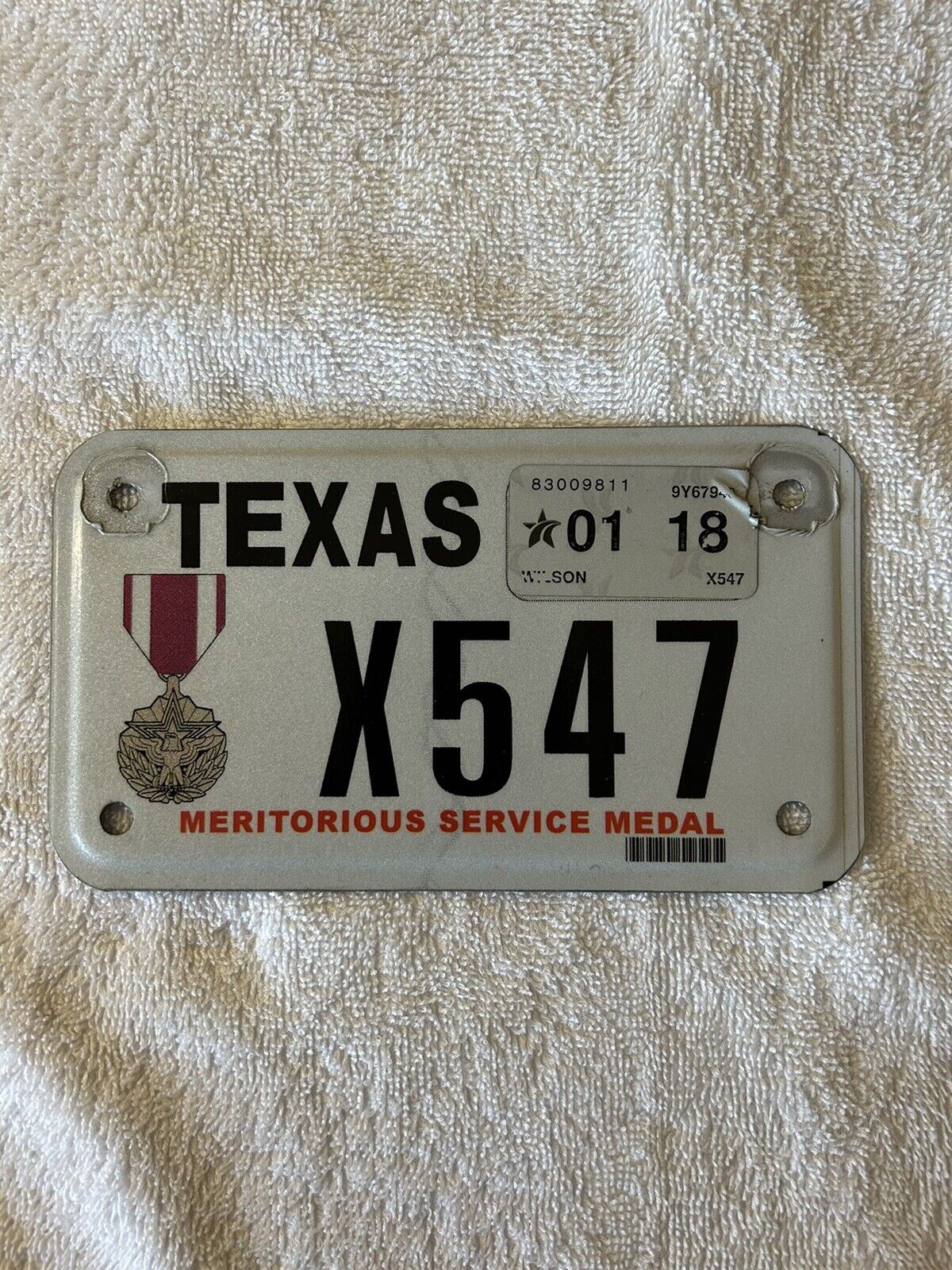 Texas Meritorious Service Medal Veteran Vet Motorcycle License Plate. 2018 Tag.