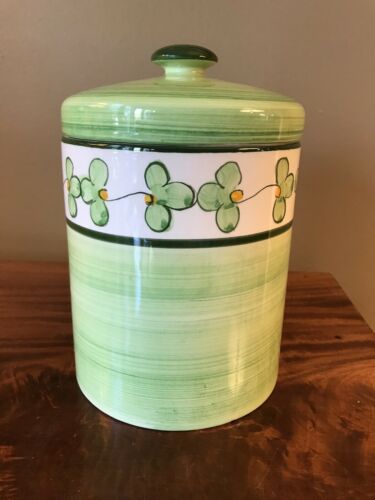 Vestal Green Ceramic Hand Painted Cannister Jar With Lid From Portugal 8" High