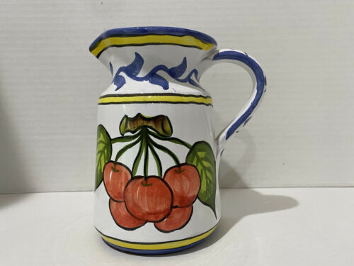 Moramica Loule Ceramics Portuguese Art Pottery 7” Pitcher Hand Painted Fruit