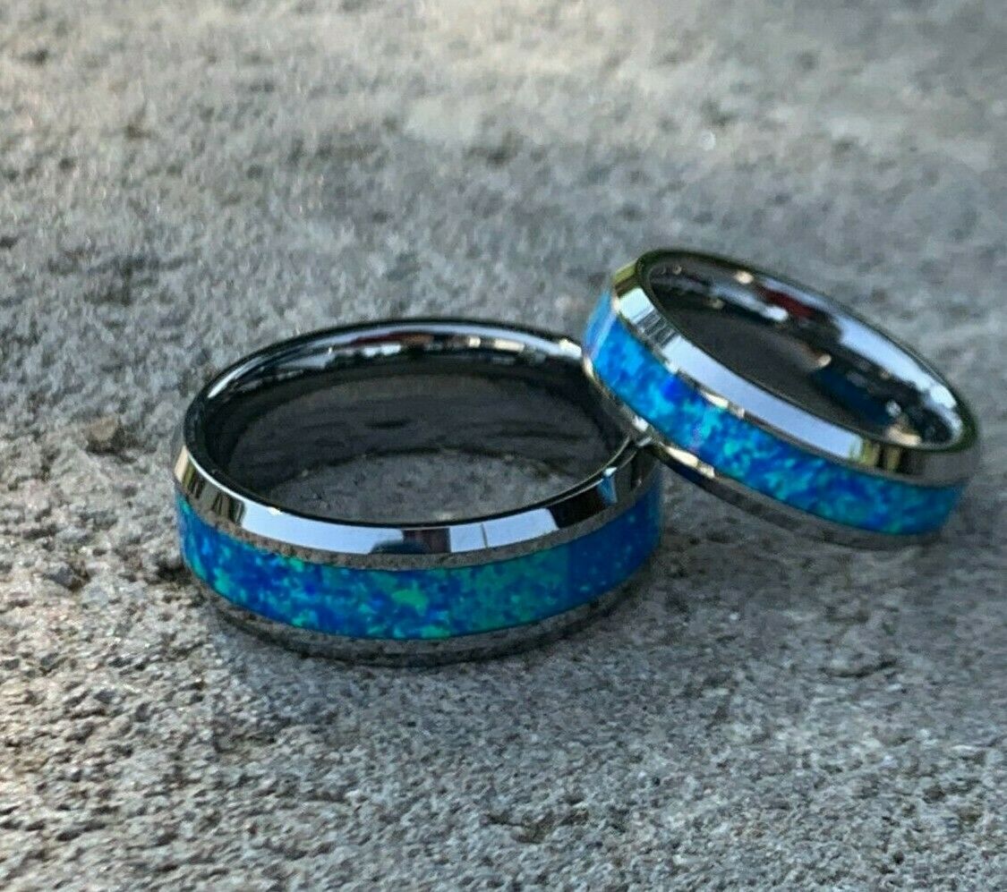 Men & Ladies Tungsten Carbide Hawaiian Ocean Opal Blue Inlay Wedding Band Ring