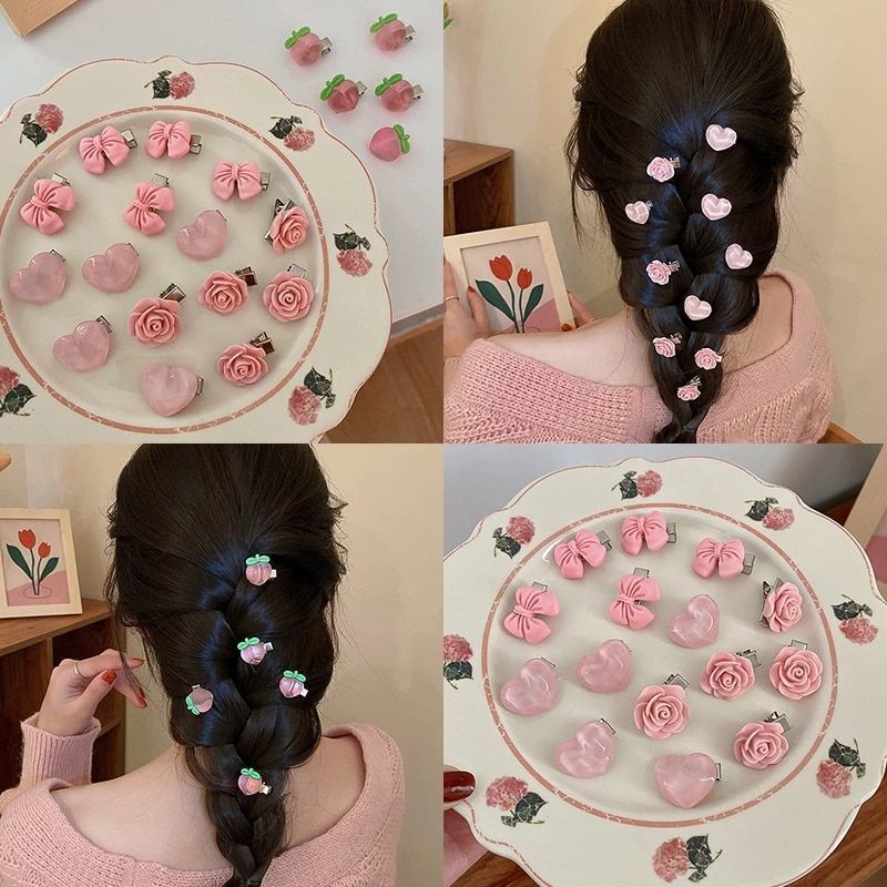 Mini Pink Hairpins Bow Heart-shaped Hairclips Women Hair Accessories 5pcs Sets
