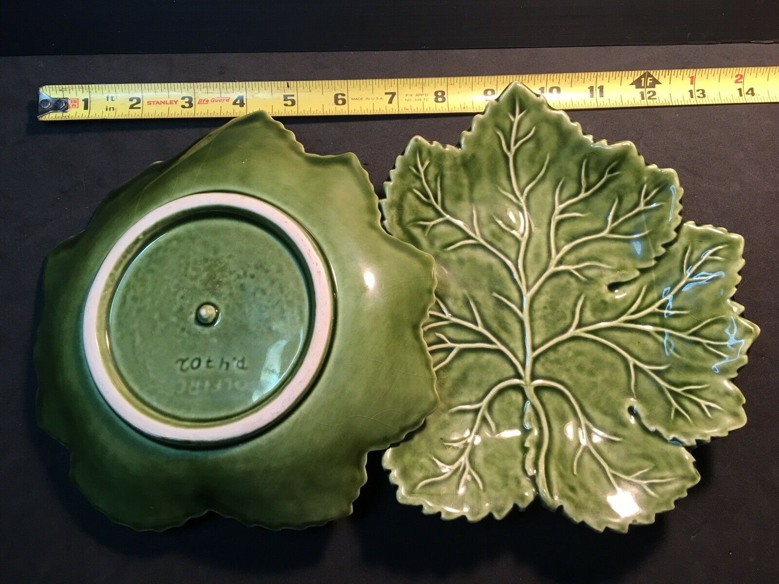 Lot Of 2 Olfaire Art Pottery Leaf Dish Tray Plate 4702 Portugal Green Embossed