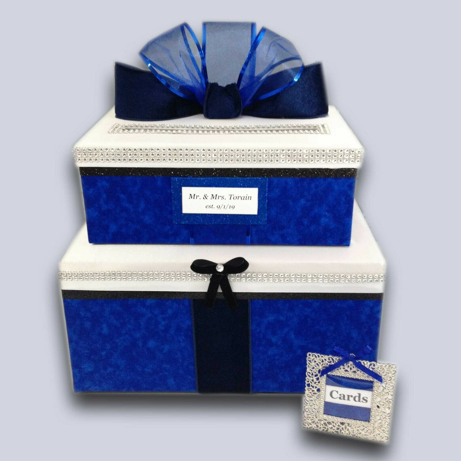 Royal Blue Wedding Card Box,2 Tiers,silver,custom,personalized,holds 80 Cards