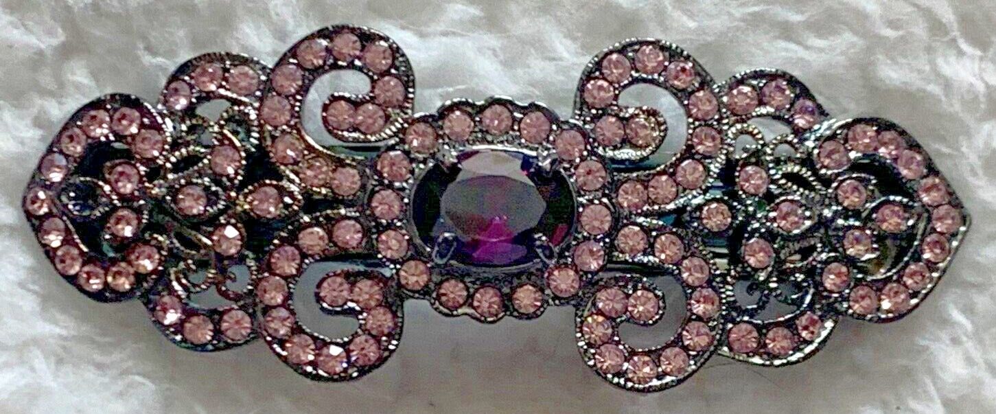 VINTAGE 1980s FRENCH HAIR CLIP VICTORIAN FAUX AMETHYST W PINK RHINESTONES