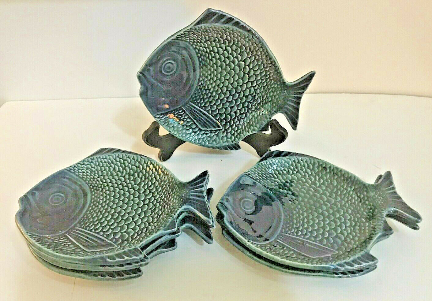6 Olfaire Majolica-style Fish Plates Ceramic Embossed Blue Green Made N Portugal
