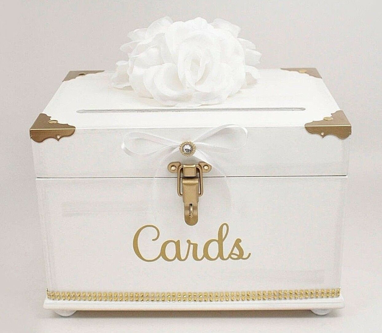 White & Gold Wooden Wedding Card Box Trunk, Vintage Glamorous Wedding Decor,