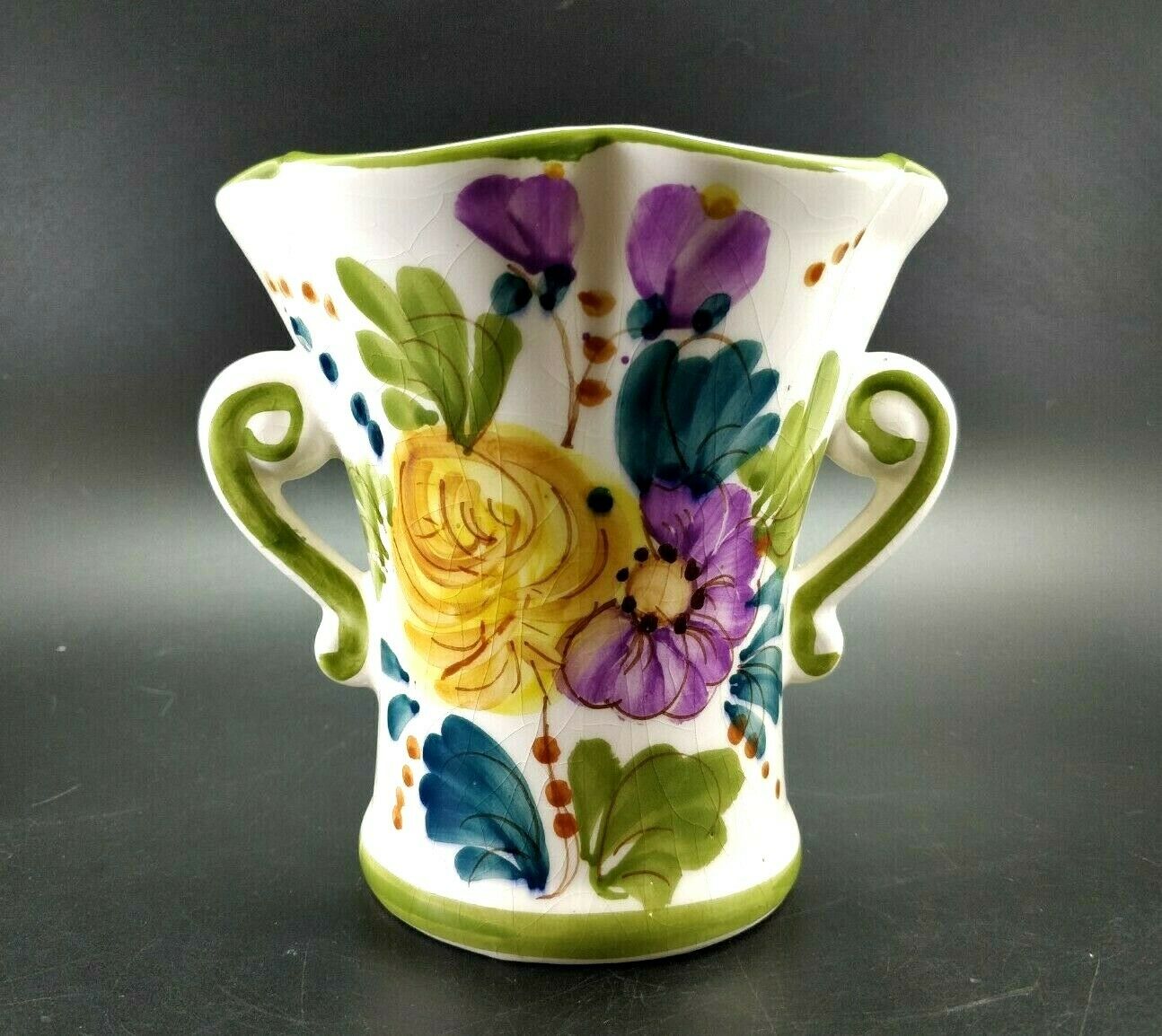 Vintage Signed Ftd Hand Painted Flower Vase Made In Portugal