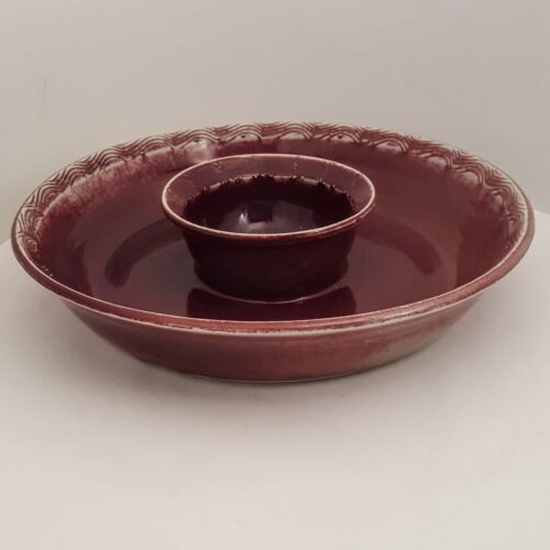 Bybee Pottery Chip Dip Serving Bowl Red Maroon Grey Signed Kentucky 12-1/4"