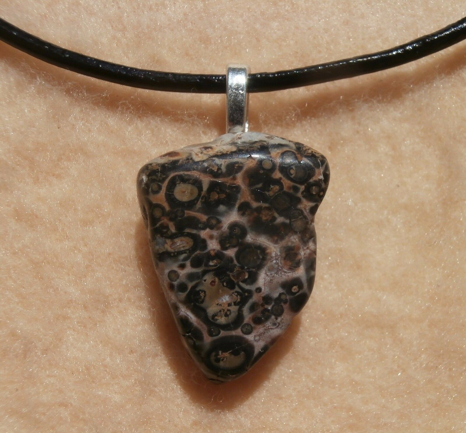 Leopard Skin Jasper Pendant Black Leather Cord Necklace Silver Tone Clasp 18”+