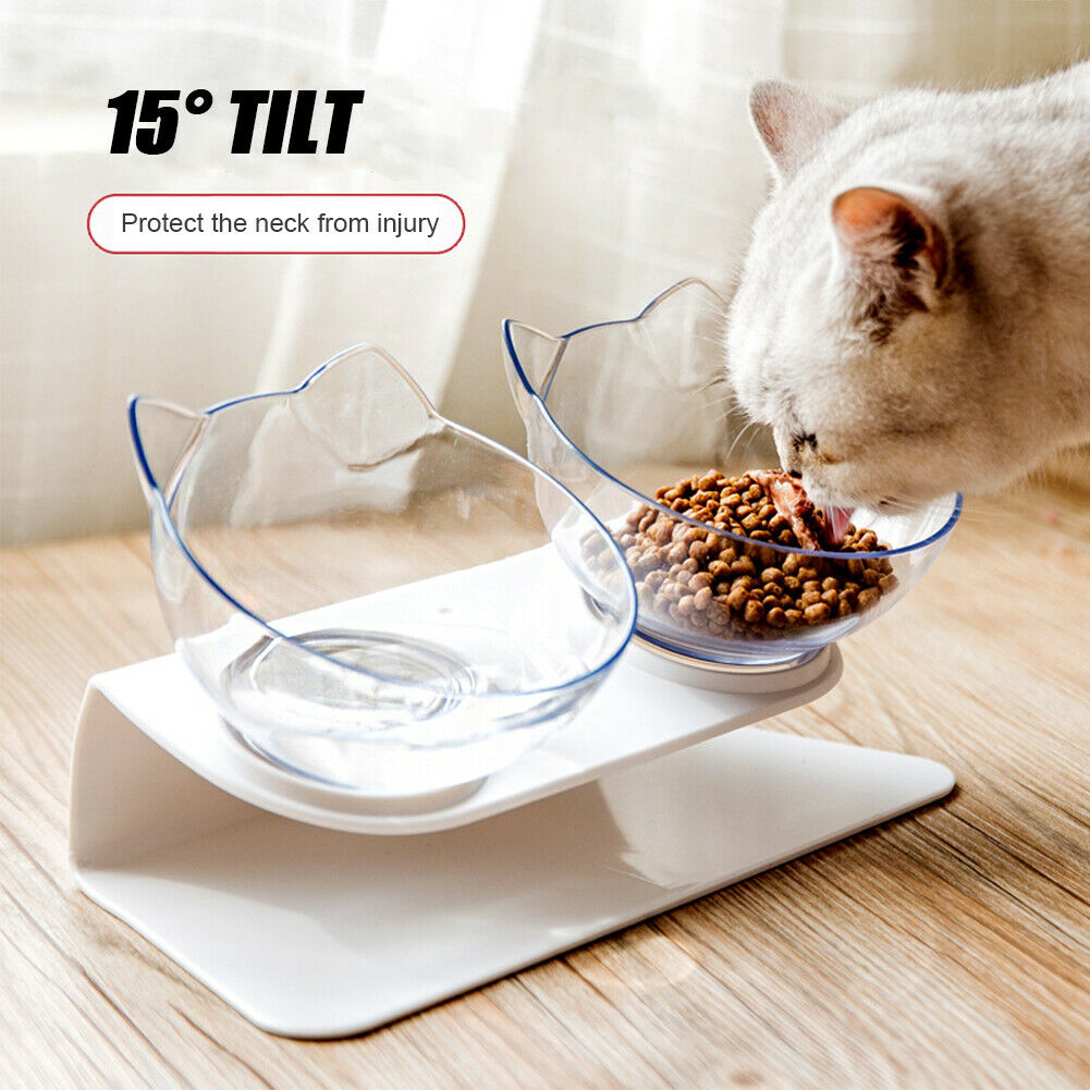 15° Tilted Cat Dog Double Feeding Bowl Evelated Pet Feeder Water Food Dispenser