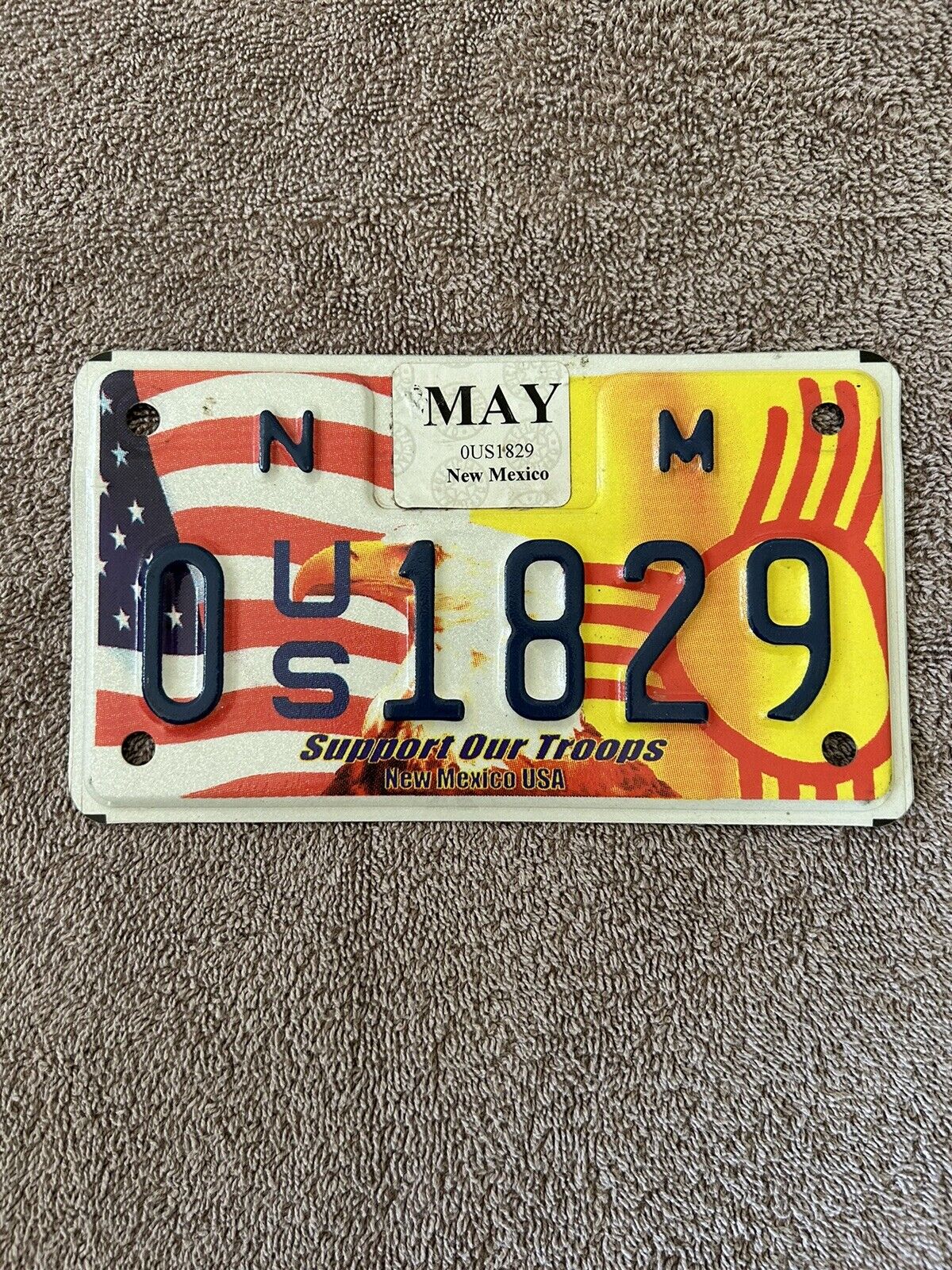 New Mexico Support Our Troops Flag/eagle Veteran Motorcycle License Plate Used.