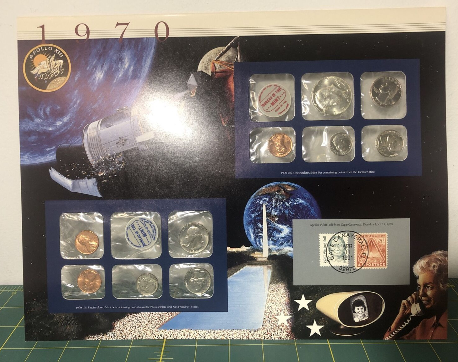 1970 Postal Commemorative Society Display Panel  P&D Mint Sets +U.S. Stamps