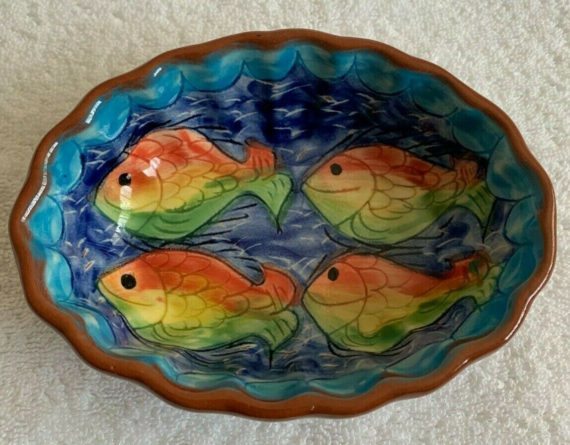 Vintage Portugal Glazed Pottery Bright Fish Bowl Oval
