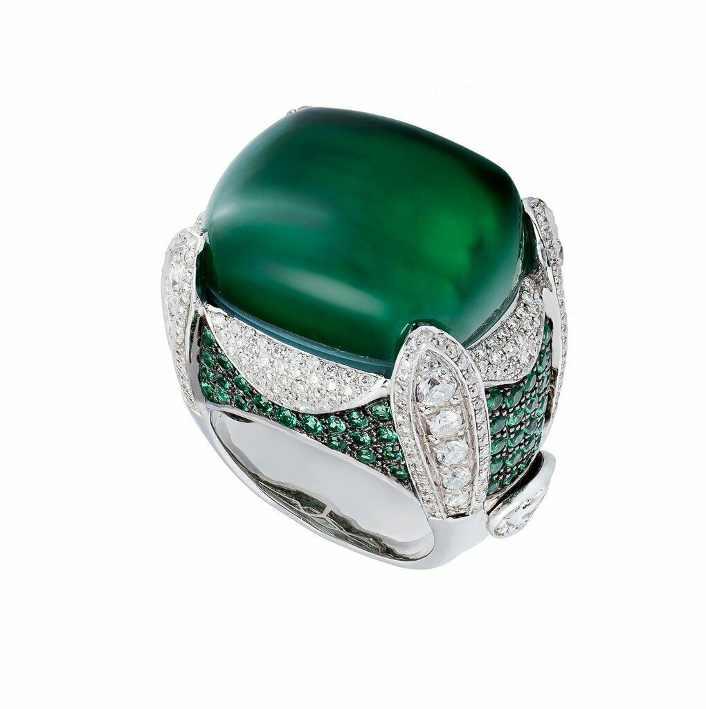 2.41ct White Cz, 1.72ct Emeralds & 38.98ct Center Emerald Stone 925 Silver Ring