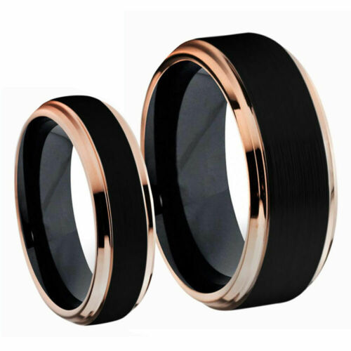 Men & Women Set Titanium Rose Gold and Black Plated Wedding Band Ring set