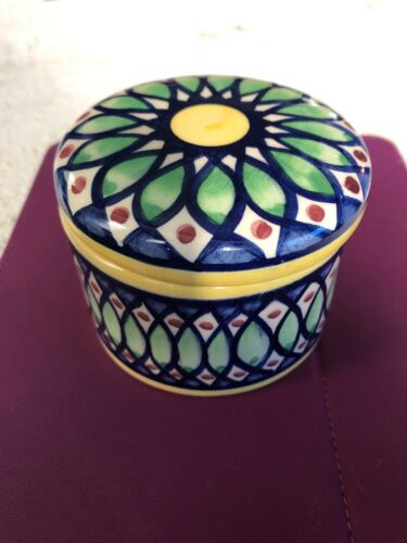 Vintage Albino D' Obidos Portugal Colorful Trinket Dish With Lid-signed