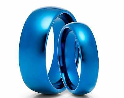 Free Engraving Blue Tungsten Carbide Shiny Polished Domed Wedding Band Ring Set