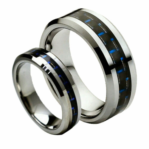 Free Personalized Tungsten Carbide Blue/Black Carbon Fiber Wedding Band Ring Set