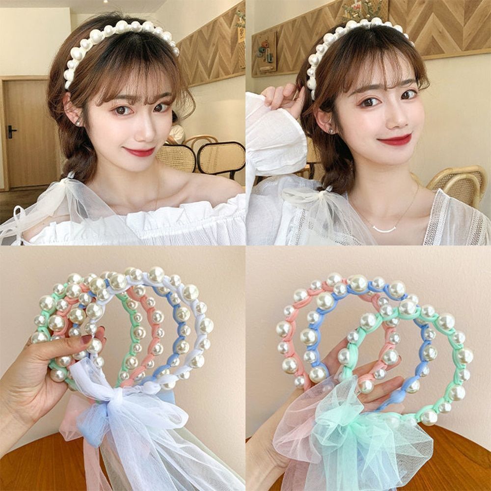 Pearl Ribbon Headbands Ladies Kawaii Scrunchie Women Hair Accessories 1pc Sets