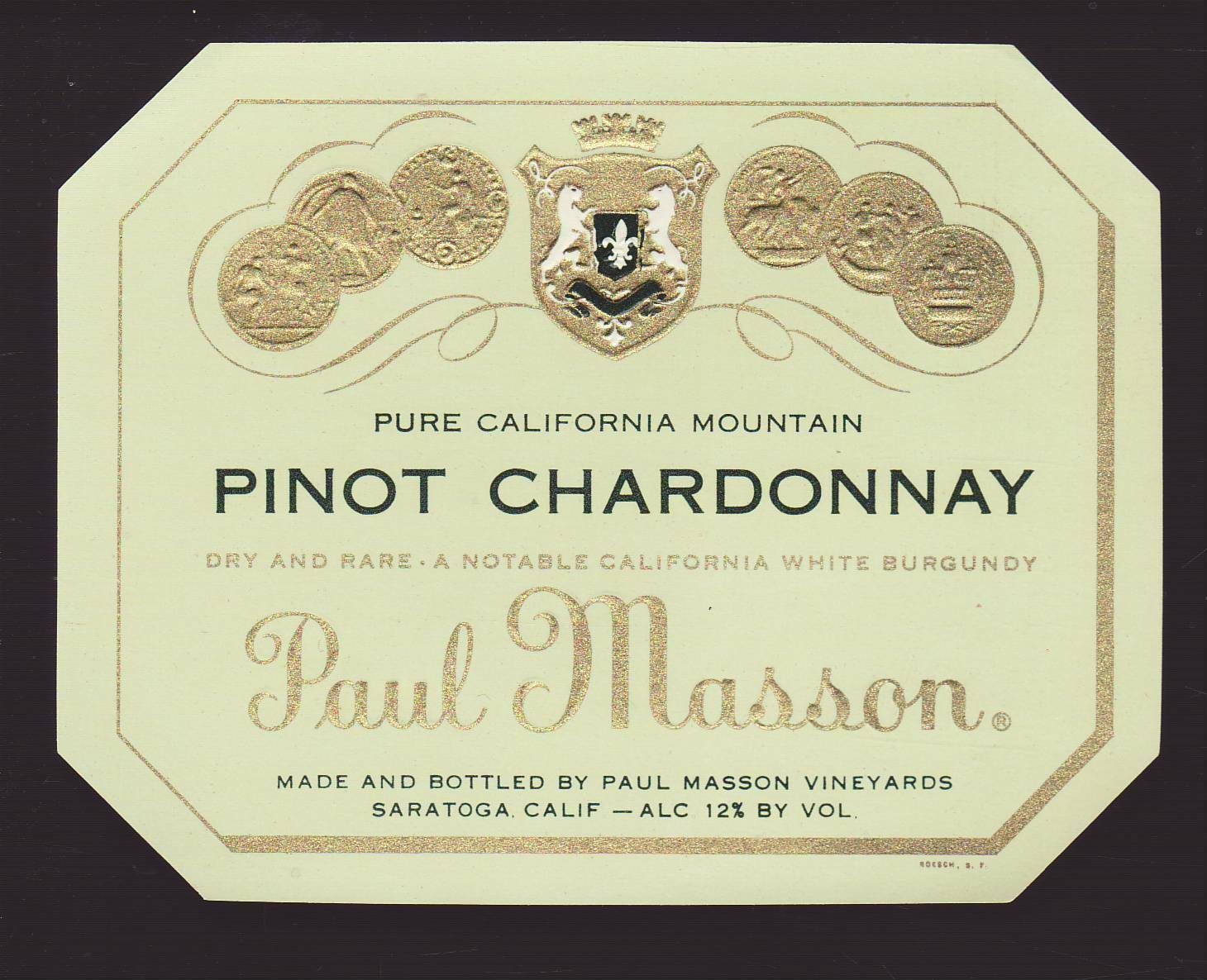 Paul Masson Wine Label - Pinot Chardonnay -Saratoga - Unmarked